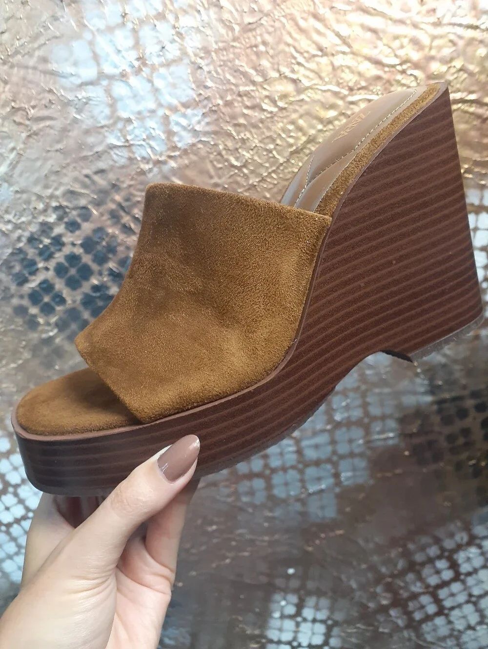 Zara Nwt Women's Tan/brown Faux Suede Wedge Slide